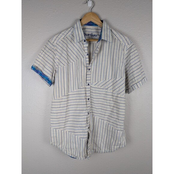 Robert Graham Ivory Striped Button Up Short Sleeve - Medium - Picture 1 of 8